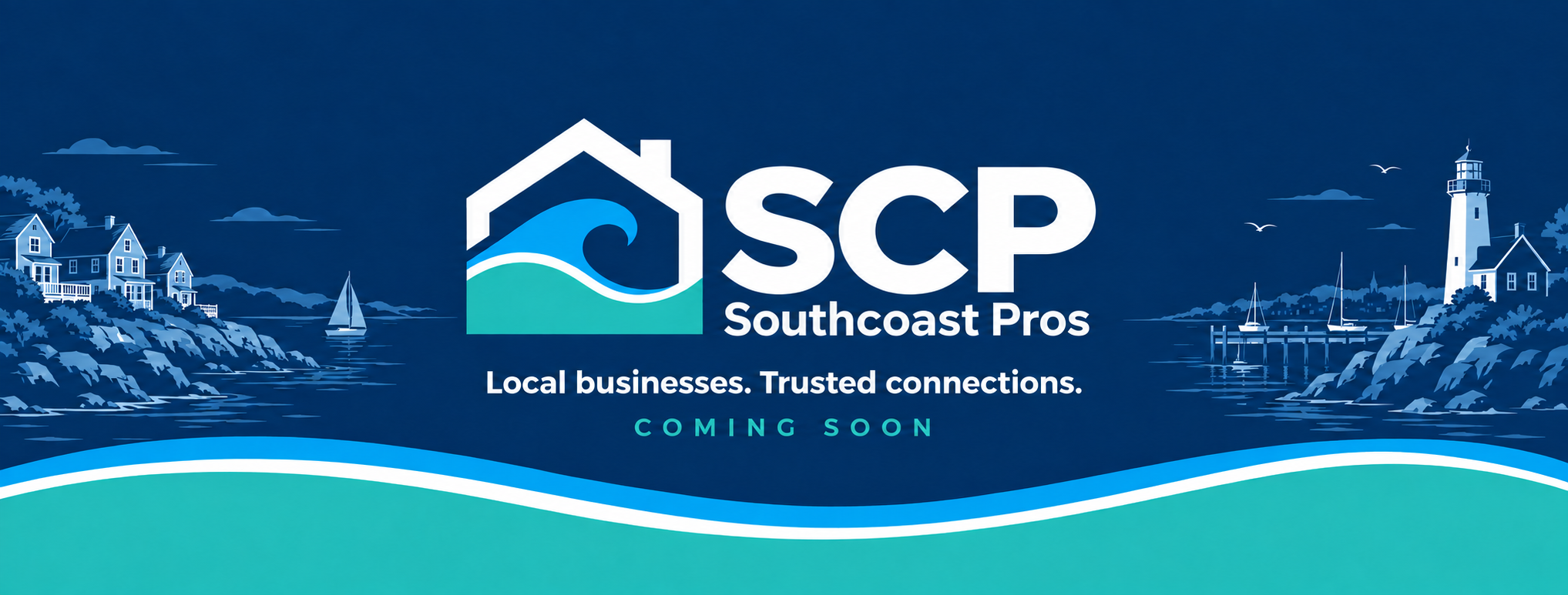 Southcoast Pros brand banner with coastal homes, a harbor, and lighthouse