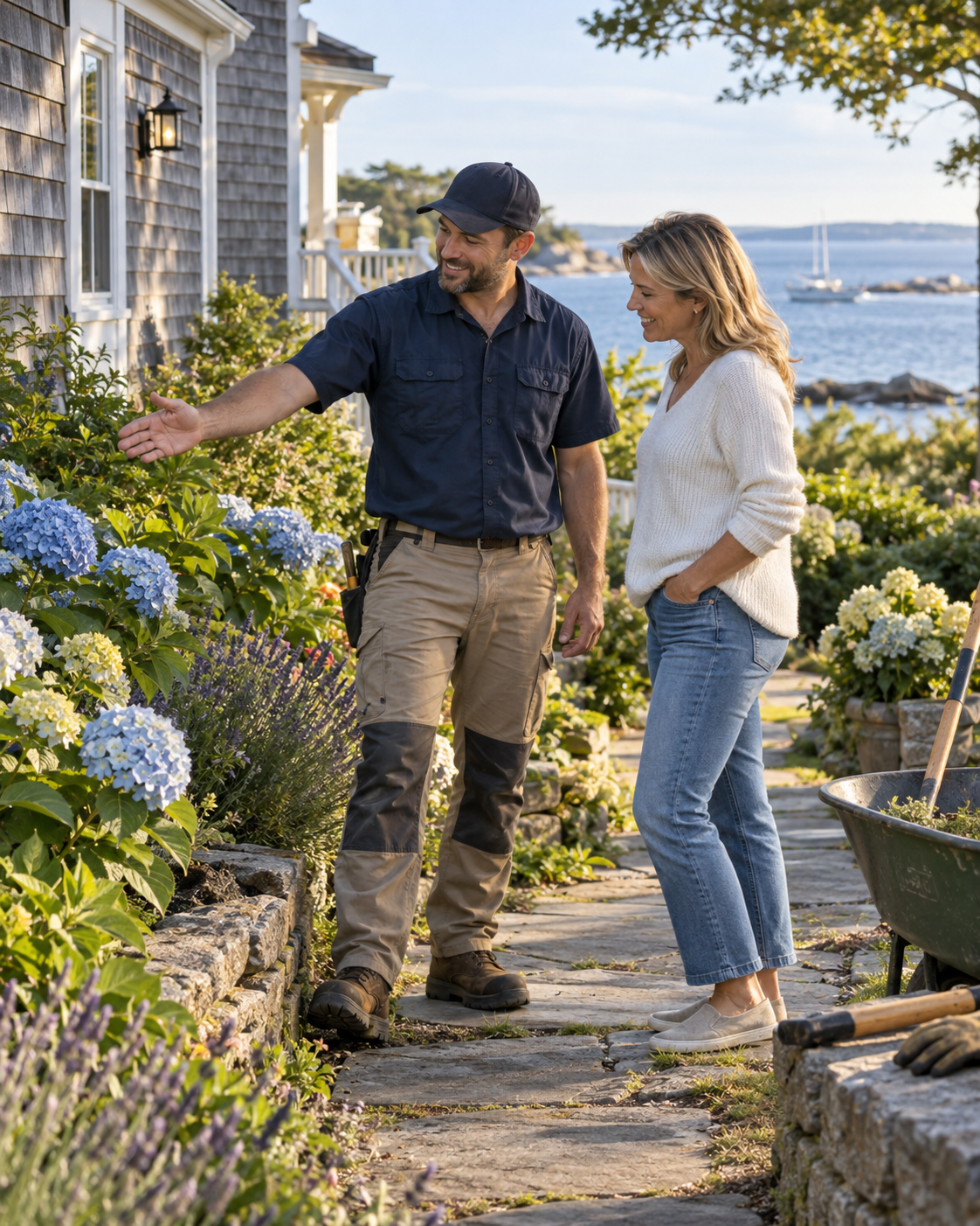 Illustrative scene of a landscaper and homeowner planning a garden at a coastal-style home